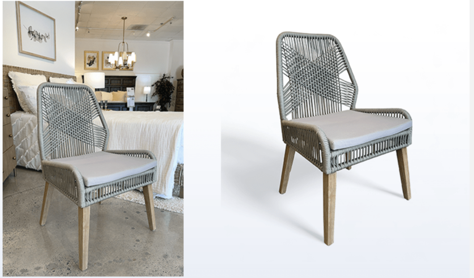 A photo of a chair in a crowded showroom. Next to it in a different frame is the same chair isolated on a white background with professional shadows. Showing the before and after of using PyxMagic.